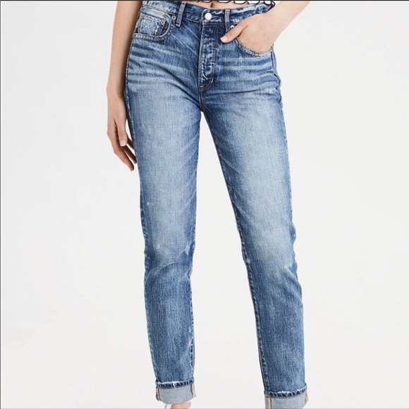 American Eagle Outfitters Denim - AEO Hi Rise Girlfriend Distressed Button Fly Jeans